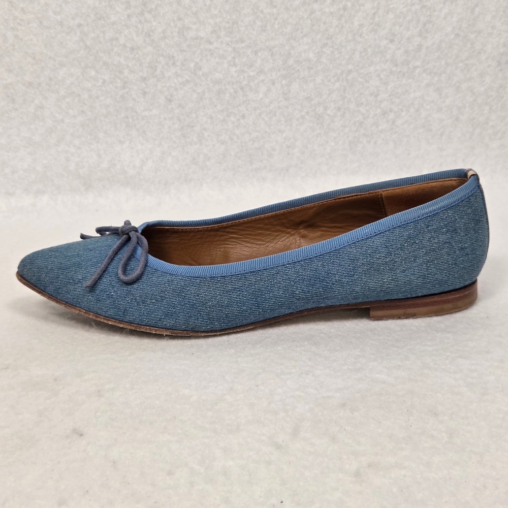 Margaux Ballet Flats Womens 8 Blue Denim Pointed Toe Bow Leather Lined Handmade - Picture 13 of 15